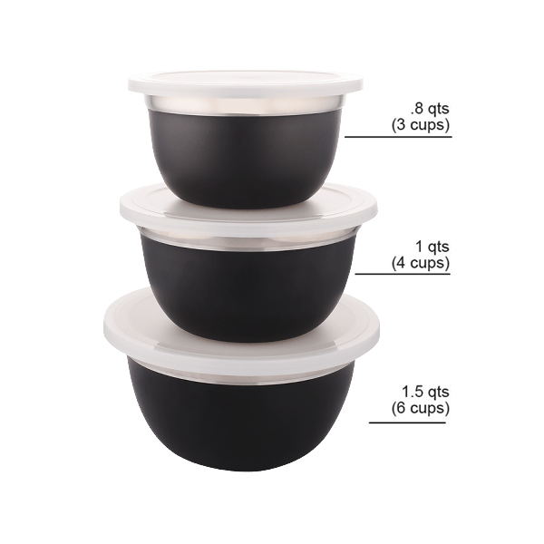 Bombay 6pc Bowls with Lids .8, 1, 1.5 Qt. Stainless Steel/ Blk