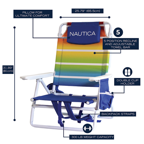 Nautica Beach Chair 5-Position, Rainbow Fade Stripe