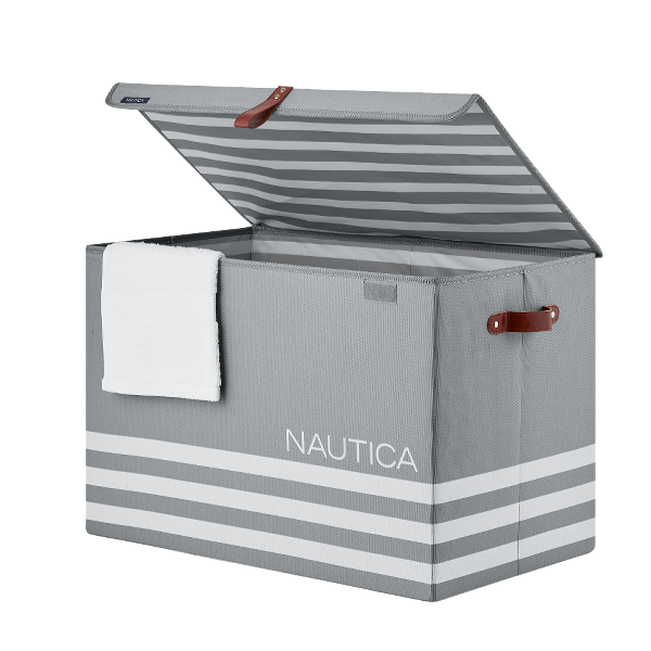 Nautica Folding Rectangular Hamper/ Storage Trunk with Lid, Gray Stripe
