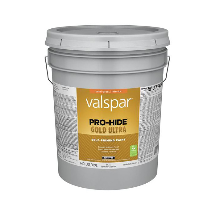 Valspar Pro-Hide Gold Ultra Zero VOC Latex Semi-Gloss Interior Wall Paint, Super One-Coat White, 5 Gal.