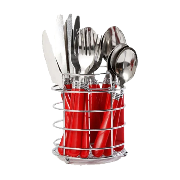 ****Gibson Sensations II 16pc Flatware Set with Wire Caddy - Tumble Finish - Red Plastic Handle / SS 1.2 mm