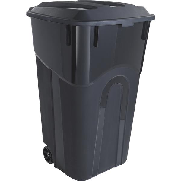 United Solutions Rough and Rugged Wheeled Trash Can with Attached Lid 32 Gal. Black