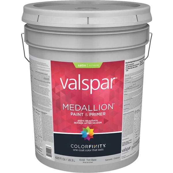 Valspar Medallion 100% Acrylic Paint &amp; Primer Satin Exterior House Paint, Tint Base, 5 Gal.