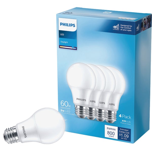 Philips 60W Equivalent Daylight A19 Medium LED Light Bulb 4pk