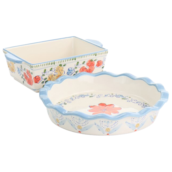 Gibson Elite Bakeware Set Luxembourg 10.5 In. Pie Dish &amp; 10 In. Rect Hand Painted Stoneware