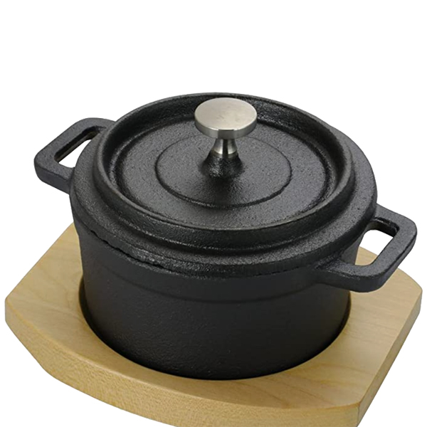 ****Gibson Home Campton Mini Casserole Round W/ Lid and Wood Base 0.3Qt Pre-seasoned Cast Iron