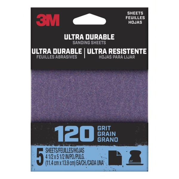 3M Ultra Durable 120 Grit Aluminum Oxide Sanding Sheet 5Pk 5.5x4.5in