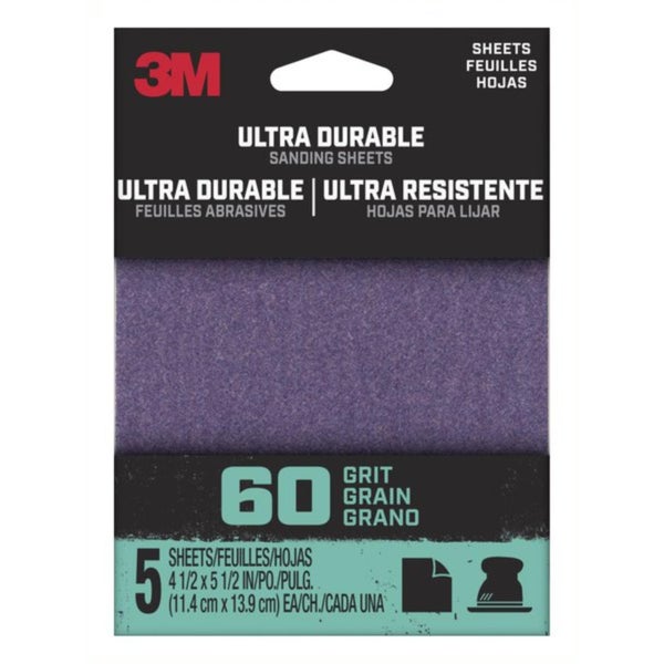 3M Ultra Durable 60 Grit Aluminum Oxide Sanding Sheet 5Pk 5.5x4.5in