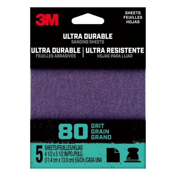 3M Ultra Durable 80 Grit Aluminum Oxide 1/4 Sheet Sandpaper 5Pk 5.5x4.5in