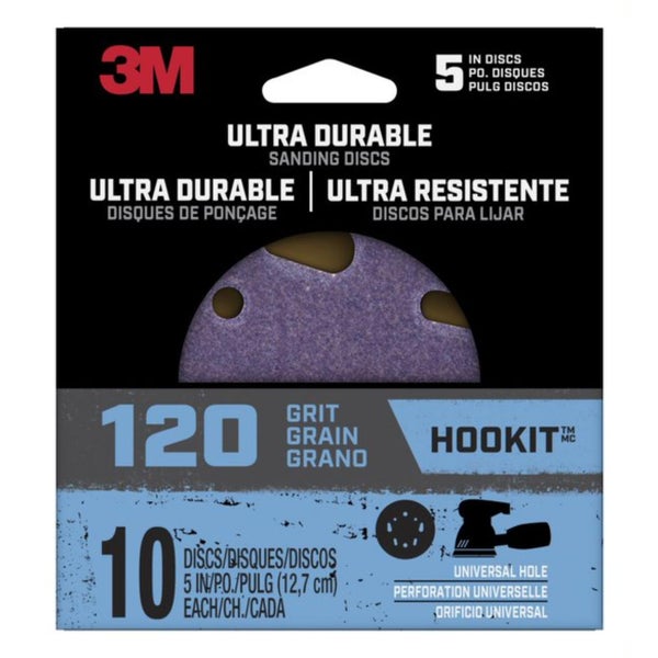 ****3M Ultra Durable 5 In. Power Sanding Discs, Universal Hole, 120 grit 10PK