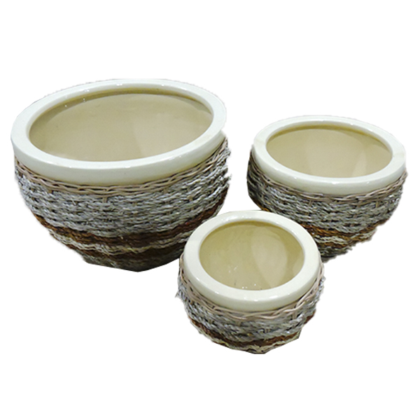 Classy Homes Ceramic Plant Pots Seagrass 3 Piece Set