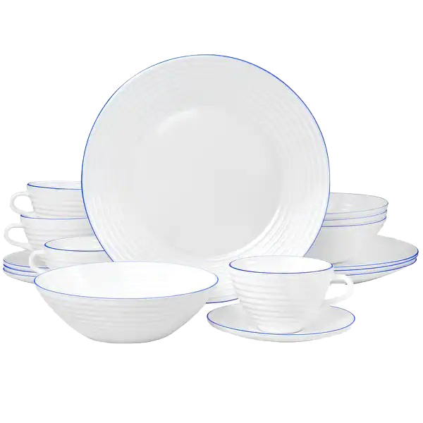 Oster Veranda 16pc Dinnerware Set, Blue Rim Embossed