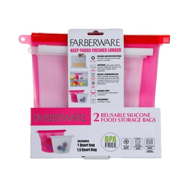 Farberware Silicone Food Storage Bags - White 1 Qt. 9.4 x 6.9in, Pink 1.5 Qt. 11.4 x 8.3in - Set of 2