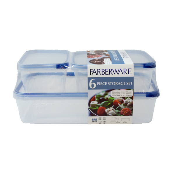 Farberware 6pc Plastic Food Storage Set with Tab Lids - 20, 34, 67oz - Blue