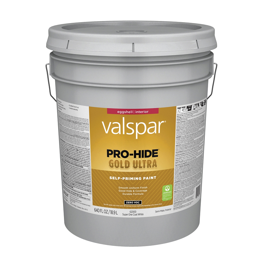 Valspar Pro-Hide Gold Ultra Zero VOC Latex Eggshell Interior Wall Paint, Super One-Coat White, 5 Gal.