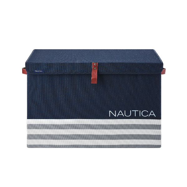 Nautica Folding Rectangular Hamper/ Storage Trunk with Lid, Navy Stripe
