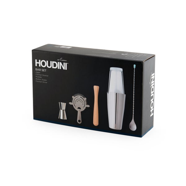 Houdini 5pc Bar Set, Stainless Steel (Shaker, Jigger, Strainer, Muddler, Stirring Spoon)