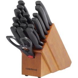 [5102280] Farberware 18-Piece Never Needs Sharpening High-Carbon Stainless Steel Knife Block Set with Non-Slip Handles, Black