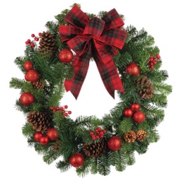 [2559370DIB] Gerson Mixed Pine Artificial Wreath with Plaid Bow 30-In.