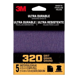 [1/4Sht5pk320] 3M Ultra Durable 320 Grit Aluminum Oxide 1/4 Sheet Sandpaper 5Pk 5.5x4.5in