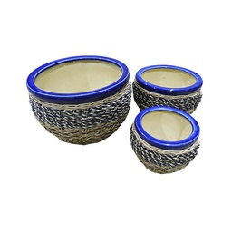 [HG 18-128/3  CHCPP17172] Classy Homes Ceramic Plant Pots Seagrass 3 Piece Set