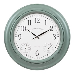 [433-3846] La Crosse Indoor/Outdoor Quartz Wall Clock with Temperature 18 In. Sage Green