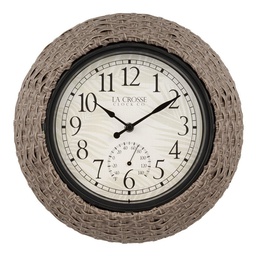 [433-3833] La Crosse Indoor/Outdoor Quartz Analog Clock 13 In. Brown Rattan